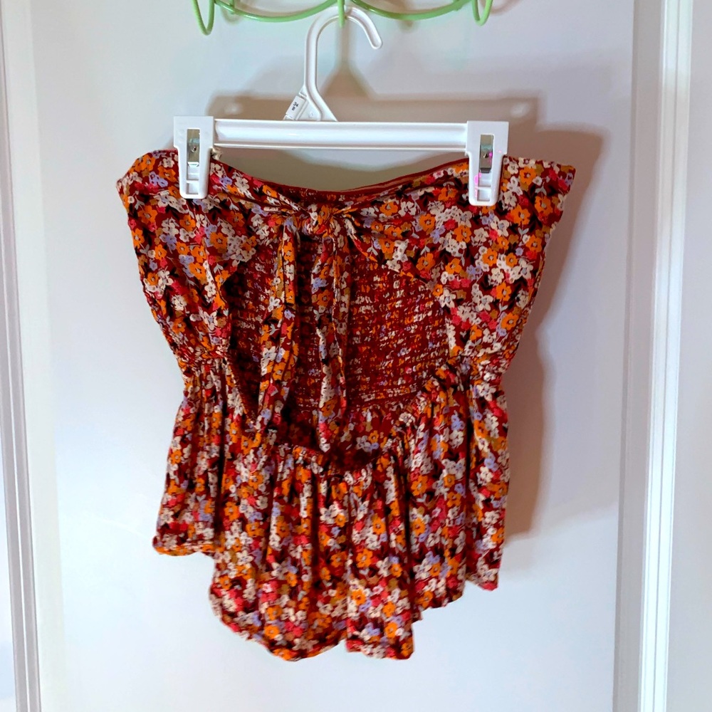 Flowy floral print bow tie back strapless crop top size S